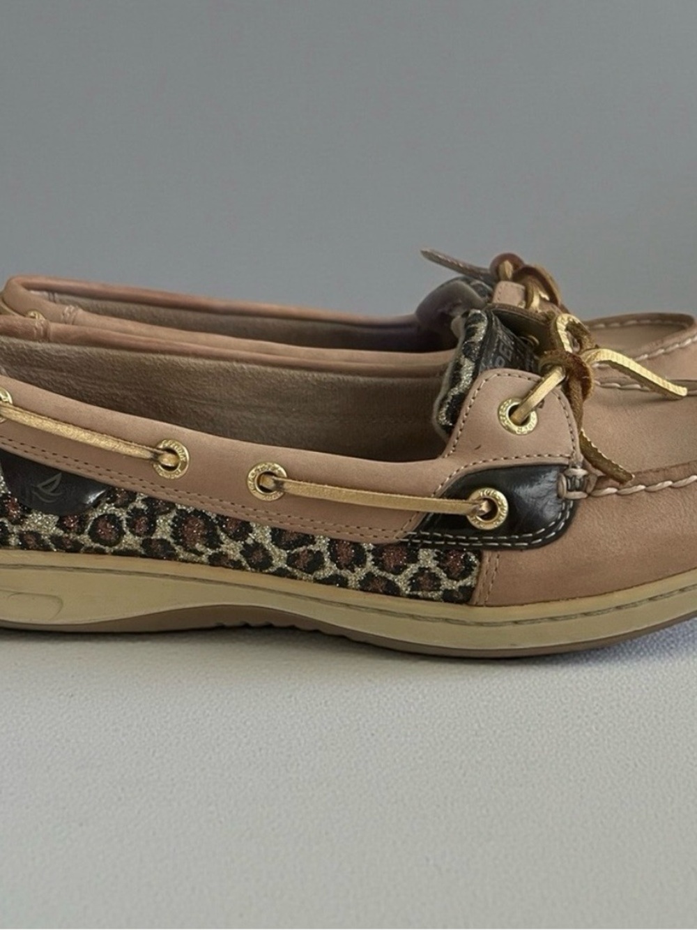 Sperry Blush Leather Boat Shoes with Leopard Trim